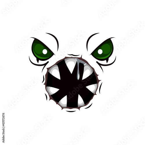 Monster face cartoon vector icon, creepy creature, emotion with angry eyes and round toothy mouth. Halloween ghost, alien or spooky worm emoji isolated on white background