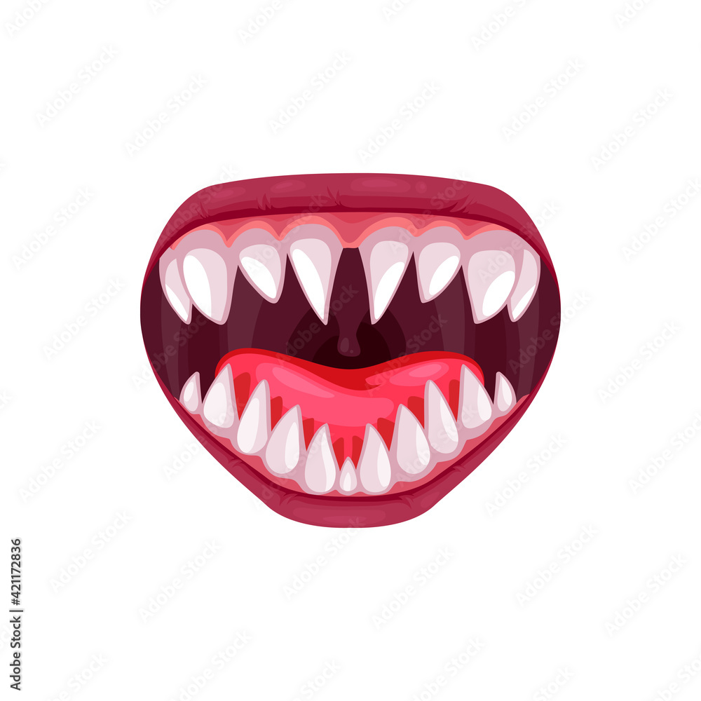 Monster mouth vector icon, creepy jaws with sharp white teeth laughing or yelling. Cartoon smiling Halloween creature, animal or alien maw isolated on white background Stock Vector | Adobe Stock Monster mouth vector icon, creepy jaws with sharp white teeth laughing or yelling. Cartoon smiling Halloween creature, animal or alien maw isolated on white background Stock Vector | Adobe Stock