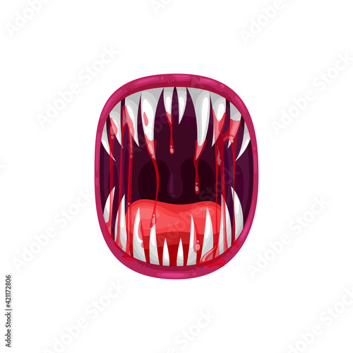 Monster mouth vector icon, creepy yelling alien beast jaws with sharp teeth and long tongue with dripping bloody saliva. Angry creature yell isolated on white background