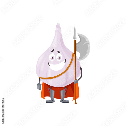Cartoon garlic fairytale hero isolated vector icon. Funny knight vegetable character in cloak holding axe. Healthy food, vitamins, fantasy warrior personage