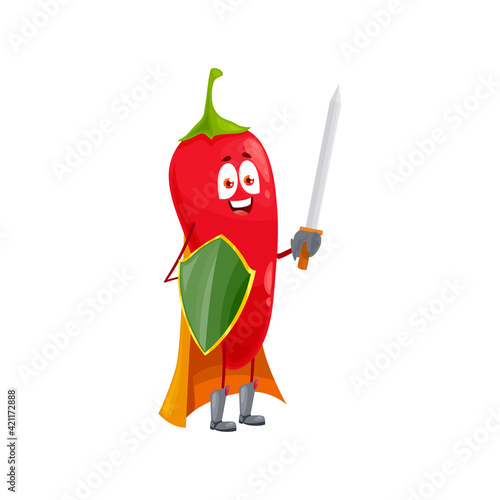 Cartoon chili pepper super hero isolated vector icon funny vegetable, fairytale knight character in cloak, with shield and sword. Healthy food, superhero vitamin personage