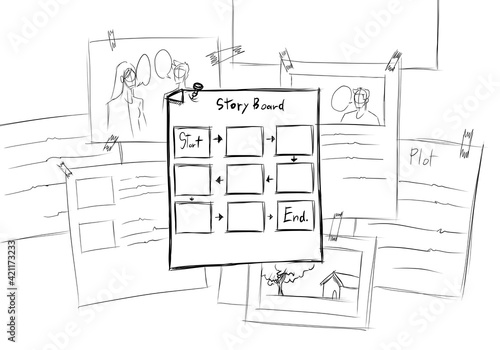 storyboard sketch and steps the process of idea to the storyboard and into the movie, hand drawn sketch, simple infographic drawing photo