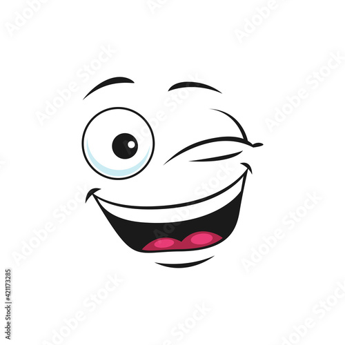 Emoticon with mouth open of laugh and blinked eyes isolated icon. Vector happy smiling emoji, giggling emoticon in good mood. Satisfied avatar expression, comic man head, blinked eyes, funny joke sign