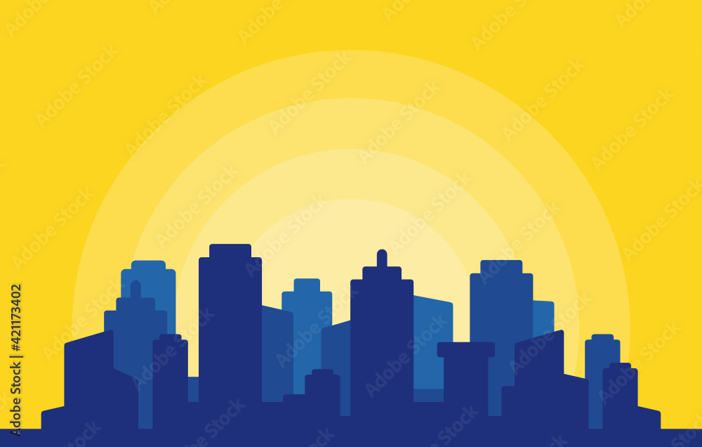 City on yellow background Vector illustration. Blue buildings cityscape silhouette, city center urban life.