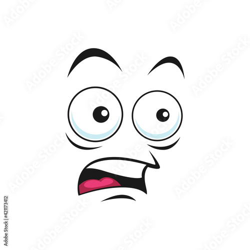 Frightened confused smiley, cheerful emoji isolated icon. Vector shocked or afraid emoticon with big open eyes, scared face expression. Open-eyed amazed emoticon, emoji with horror face expression