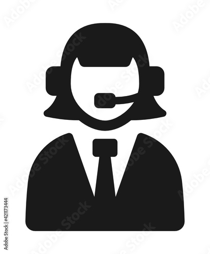 Customer support vector icon. Woman operator with headset answering client for assistance.