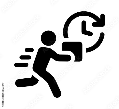 Fast delivery icon. Man running with box product for provide express shipping. Deliver package quickly.