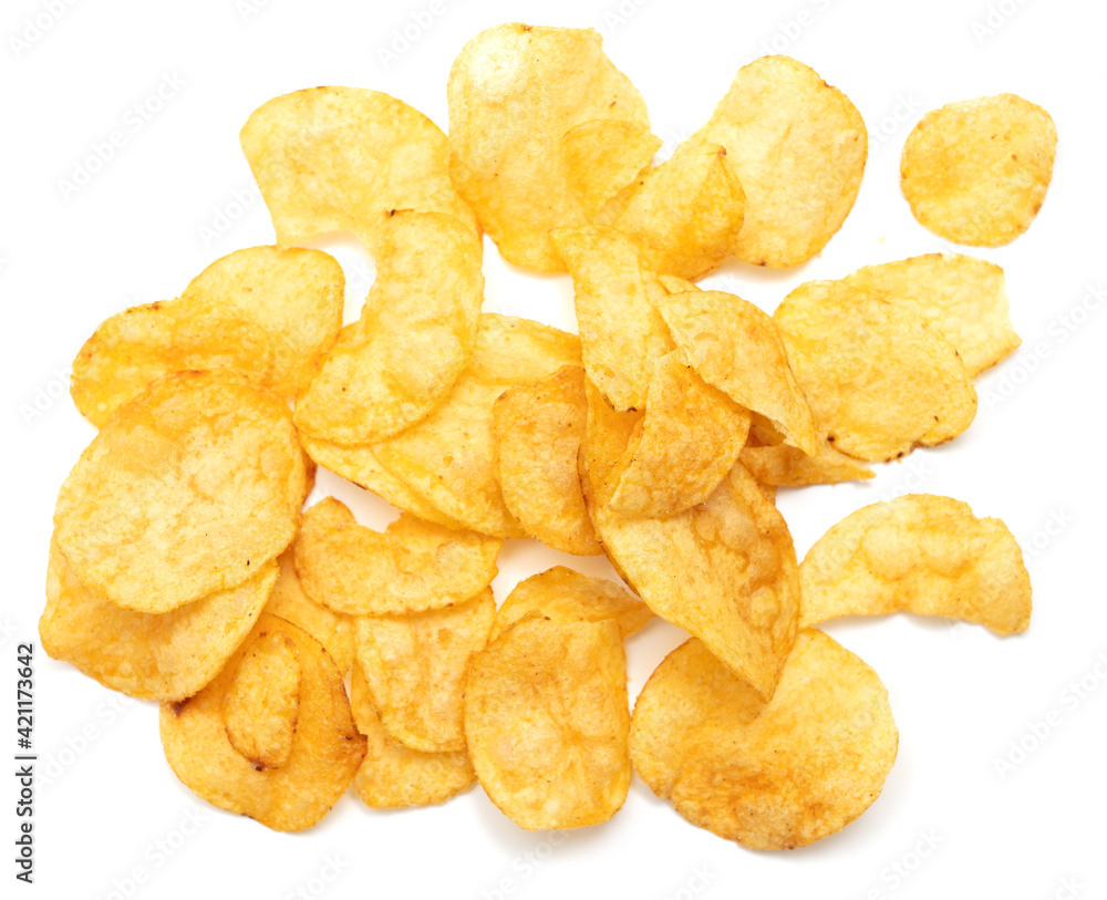 Potato chips isolated on a white background.