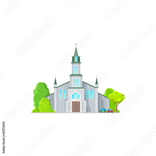 Christian church isolated catholic chapel cartoon icon. Vector exterior facade with trees and vehicle, cathedral or monastery evangelic or orthodox building, holly place for funeral wedding ceremonies