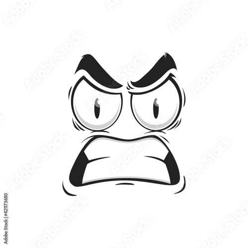 Cartoon face vector emoji with angry eyes and gnash teeth. Negative facial expression, angry feelings, comic face with furrowed brows and toothy mouth isolated on white background
