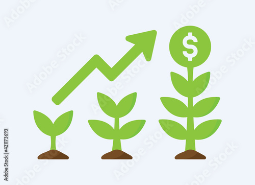 Plant growing coins, investment, business and financial profit concept. Vector icon illustration isolated on white background.