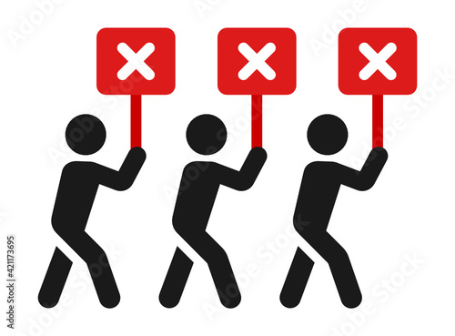 People Protest, demonstration with red crossed signs, strike against the politics, manifestation, revolution. Vector illustration. 