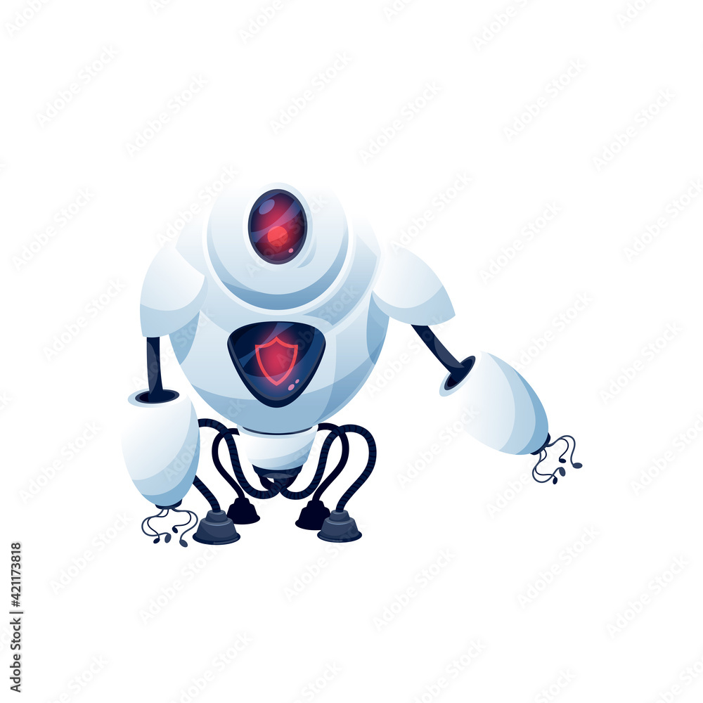 Cartoon robot vector cyborg character. Artificial intelligence technology,  toy or bot guard with digital glow red face, flexible legs on suckers,  tentacles and shield symbol on display Stock Vector | Adobe Stock