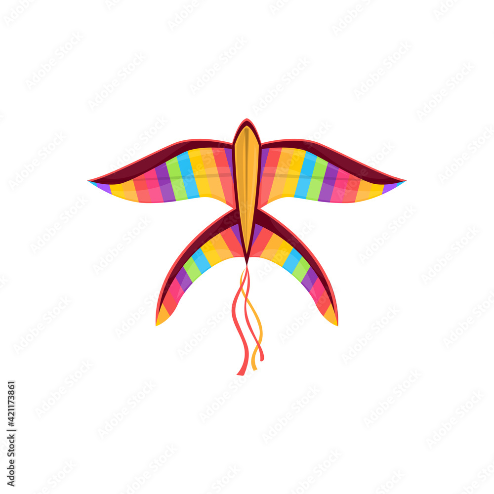 Fototapeta premium Kite in shape of rainbow color bird in sky isolated kids toy. Vector kite-balloon on wind, cartoon flying bird in sky. Outdoor summer activity object, Uttarayan International Kites Festival symbol