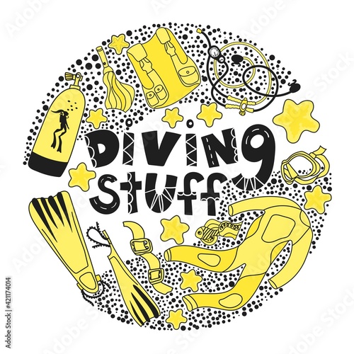Diving stuff in vector illustration. Cartoon stile. Lettering. Funny text. Tank, suit, regulator, mask, light, bcd. Design for diving center. 