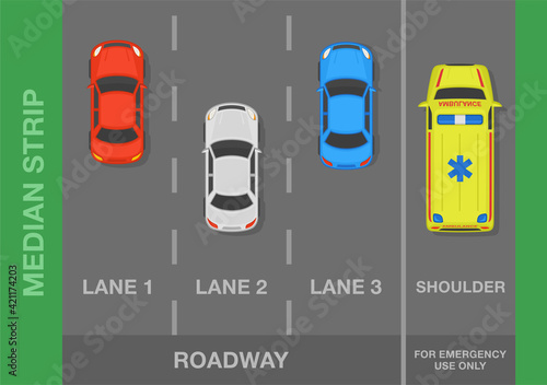 Three lane road. Top view of sedan cars and ambulance on a shoulder lane. Traffic or road rules. Flat vector illustration template.
