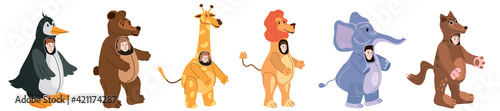Set Actors in animal Penguin, Bear, Giraffe, Lion, Elephant, Wolf costume. Theme party, Birthday kid, children animator, entertainer wearing performer character for holiday masquerade, carnival