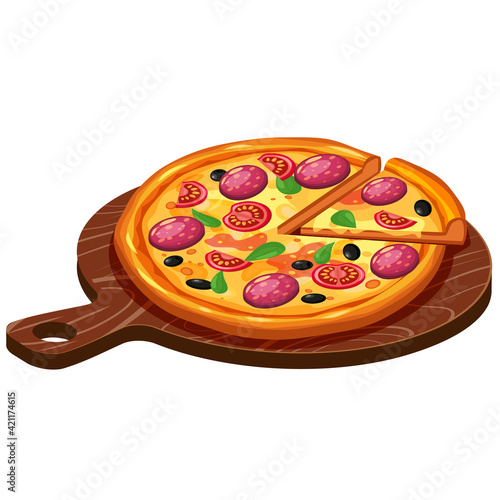 Pizza isometric with ingredients tomato, salami, cheese, mushrooms on woodern serving tray. Vector illustration