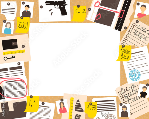A frame with the advancement of a detective investigation on a cork board. There are many of witnesses and suspects on the board, as well as evidence. There is room for text. Flat vector illustration.