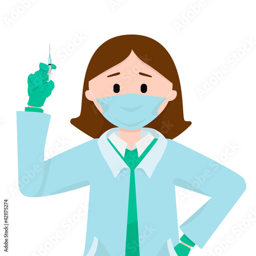 Female doctor in a medical mask with syringe. Isolated cartoon style vector illustration. Healthcare specialist making vaccination concept.
