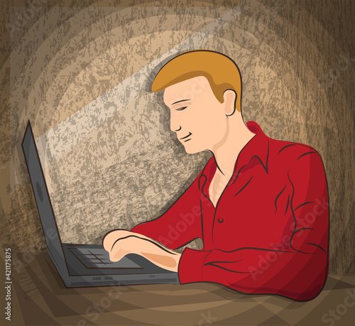 Young man in a red shirt sits in front of a laptop. Programmer, PC user. Vector illustration