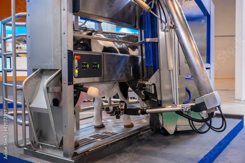 Automatic cow milking robot arm machine demonstrates functionality at cattle dairy farm, exhibition, trade show. Farming, automated technology equipment, agriculture industry, animal husbandry concept