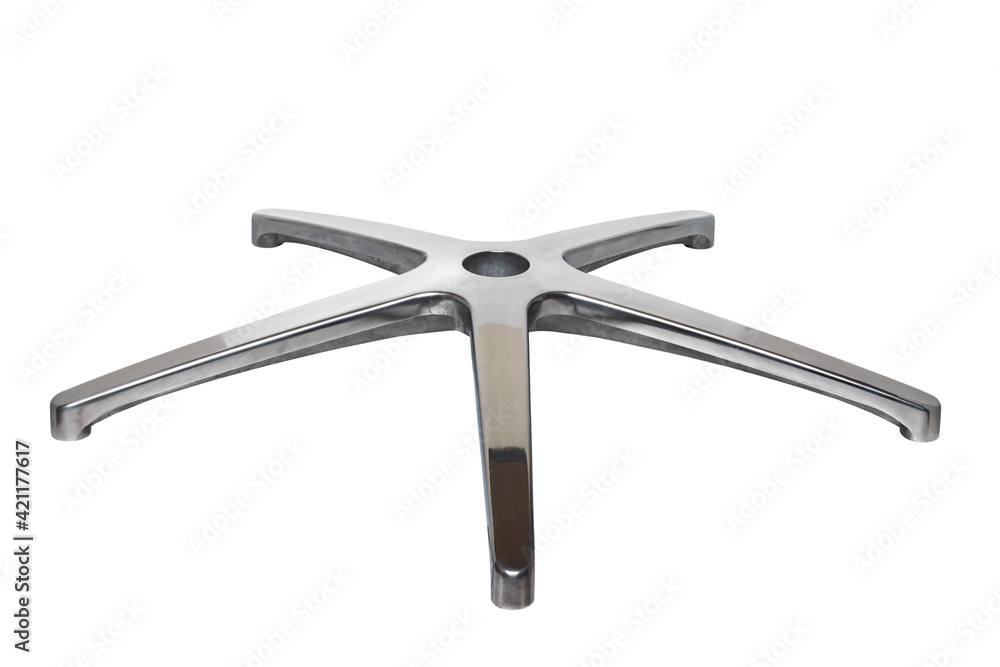 Components of an computer chair. Closeup of a Aluminium base without castors for an office swivel isolated on a white background. Clipping path. Macro. Components of an computer chair. Closeup of a Aluminium base without castors for an office swivel isolated on a white background. Clipping path. Macro.