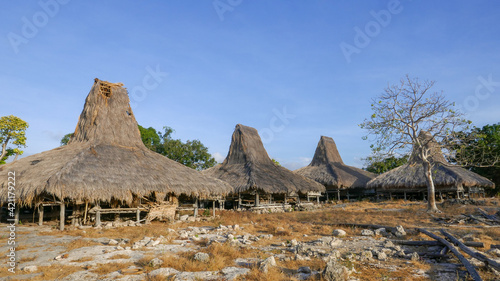 Beautiful traditional houses on stilts with thatched roofs in Prai Liang village, Sumba island, East Nusa Tenggara, Indonesia