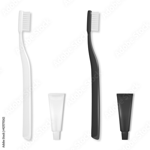Vector 3d Realistic White and Black Hotel Plastic Blank Toothbrush and Tooth Paste Tube Set Isolated on White. Design Template, Mockup. Dentistry, Healthcare, Hygiene Concept. Tooth Brush, Top View