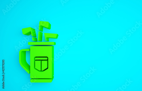 Green Golf bag with clubs icon isolated on blue background. Minimalism concept. 3d illustration 3D render photo