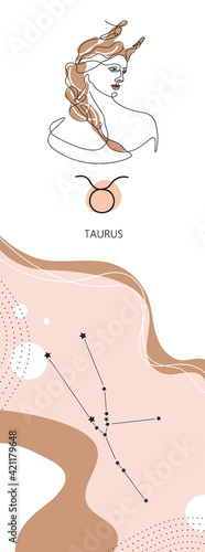 Zodiac background. Taurus constellation. Earth element. One line. Minimalistic graphics.