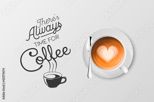 Vector 3d Realistic White Metal Enamel Mug with Foam Coffee - Capuccino, Latte - Isolated. Coffee Cup with Typography Quote, Phrase about Coffee. Stock Illustration. Design Template. Top View