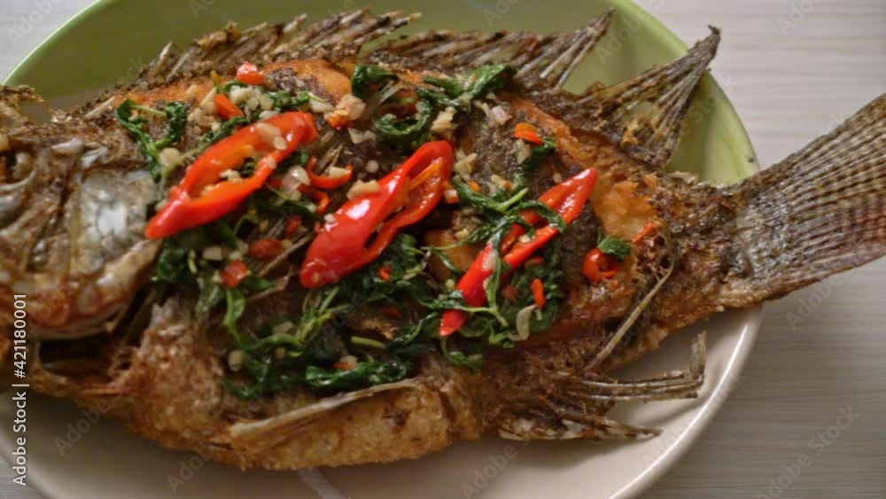 Fried Tilapia Fish with Basil chili garlic sauce on top - homemade food style Fried Tilapia Fish with Basil chili garlic sauce on top - homemade food style
