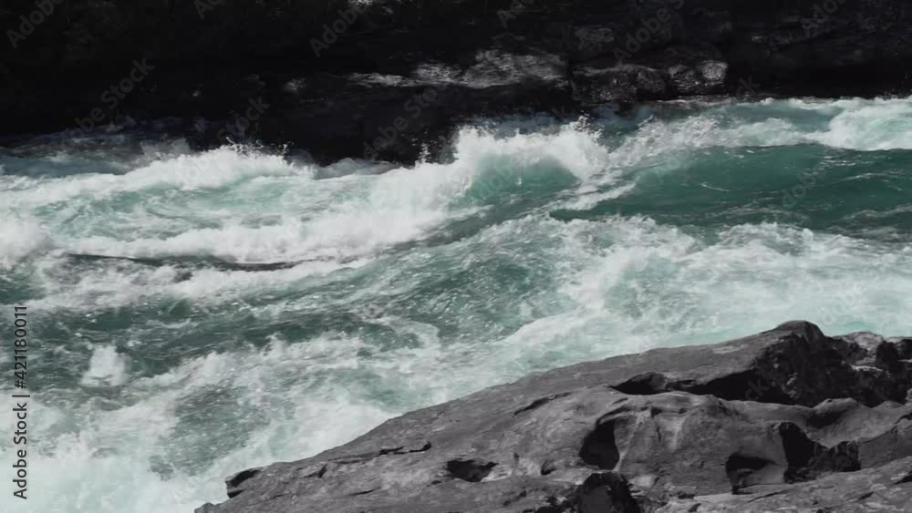 A right panning shot of a rushing river. Raging river with rapids A right panning shot of a rushing river. Raging river with rapids