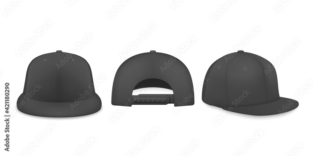 Vector 3d Realistic Black Blank Baseball Cap, Snapback Cap Icon Set Closeup Isolated on White Background. Design Template, Mock-up for Branding, Advertise. Front, Back, Side View Vector 3d Realistic Black Blank Baseball Cap, Snapback Cap Icon Set Closeup Isolated on White Background. Design Template, Mock-up for Branding, Advertise. Front, Back, Side View