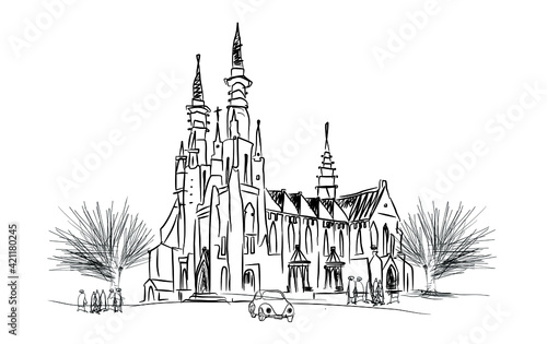 Digital sketch of the Jakarta cathedral church, its official name is the Church of Santa Maria raised to heaven. European neo-gotic church architectural style. Inaugurated in 1901.