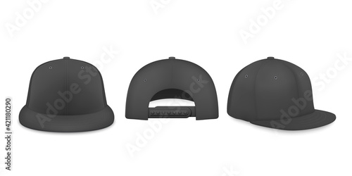 Vector 3d Realistic Black Blank Baseball Cap, Snapback Cap Icon Set Closeup Isolated on White Background. Design Template, Mock-up for Branding, Advertise. Front, Back, Side View