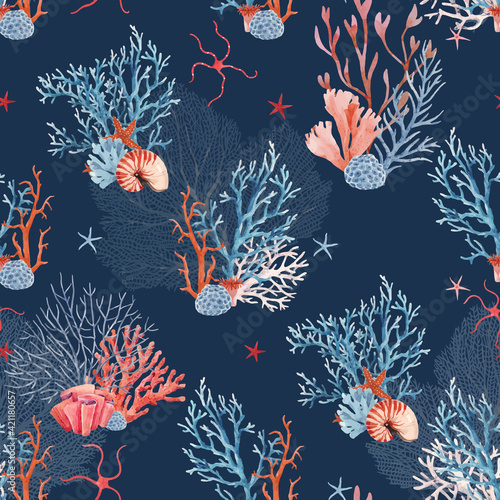 Photo Beautiful vector seamless underwater pattern with watercolor sea life coral shell and starfish