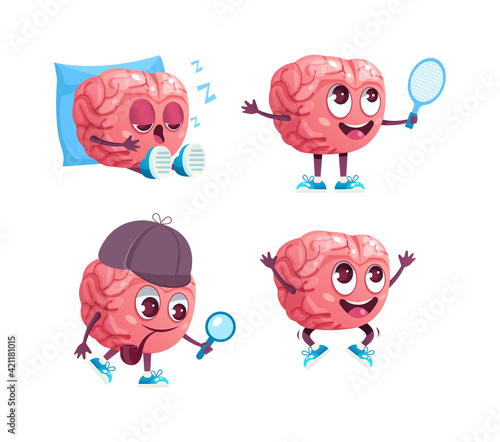 Brain emotion character cartoon set. Сute cartoon mascot jumping for joy, playing sports with tennis racket, sleeping on pillow, looking footprints in detective suit with magnifying glass