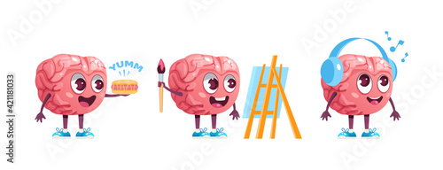 Brain emotion character cartoon set. Сute cartoon mascot eating hot dog, draw with brush in hand on easel, listening to music on headphones cartoon