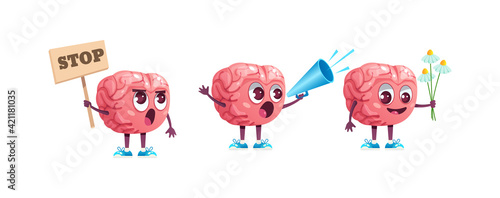 Brain emotion character cartoon set. Сute cartoon mascot speaks into loudspeaker, gives flowers, at rally in protest poster in his hands cartoon