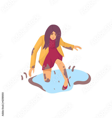 Natural disasters, severe weather unfavorable environmental conditions. Girl stumbled and fell into a puddle of muddy cartoon vector