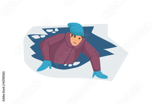 Natural disasters, severe weather unfavorable environmental conditions. Guy is trying to get out of ice hole into which he fell under the ice cartoon vector