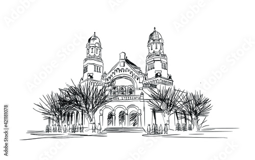 Digital sketch of the Lawang Sewu Building, Semarang City, Central Java, Indonesia. Dutch colonial heritage building, formerly functioned as the head office of the Dutch East Indies railway company. 