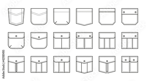 Set of patch pocket icons for pants and other clothing. Isolated line vector illustration on white background