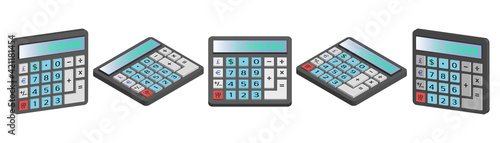 3D set of monetary calculator in five projections. Dollar, pound and euro signs. White background