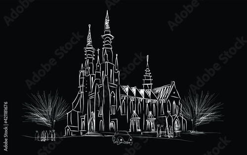 Digital sketch of the Jakarta cathedral church, its official name is the Church of Santa Maria raised to heaven. Inaugurated in 1901 European neo-gotic style church architecture.