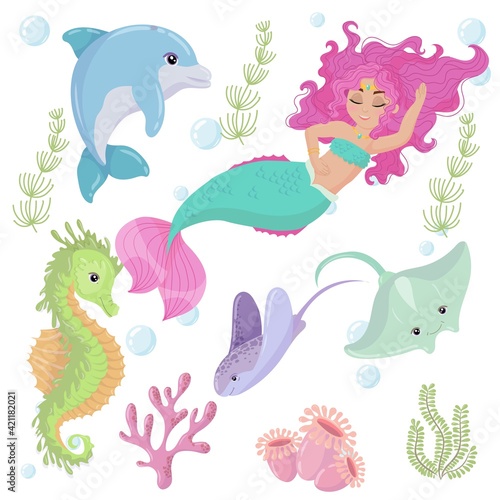 Cute cartoon mermaid with Pink Hair and Green tail. Marine animals and algae. A magical creature. Vector illustration isolated on white background.