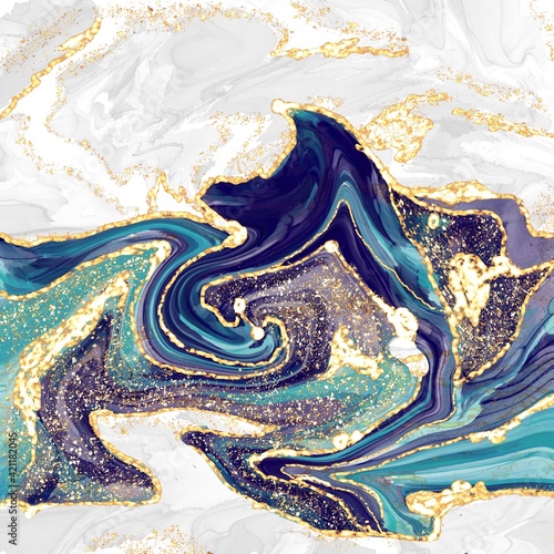 marbling abstract luxury composition Inkscapes. Watercolour landscape, texture, Alcohol ink, Fluid chaos, art, kintsugi style and liquid and watercolor gold blue turquoise photo