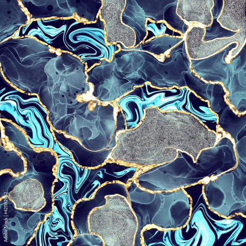 marbling abstract luxury composition Inkscapes. Watercolour landscape, texture, Alcohol ink, Fluid chaos, art, kintsugi style and liquid and watercolor gold blue turquoise photo